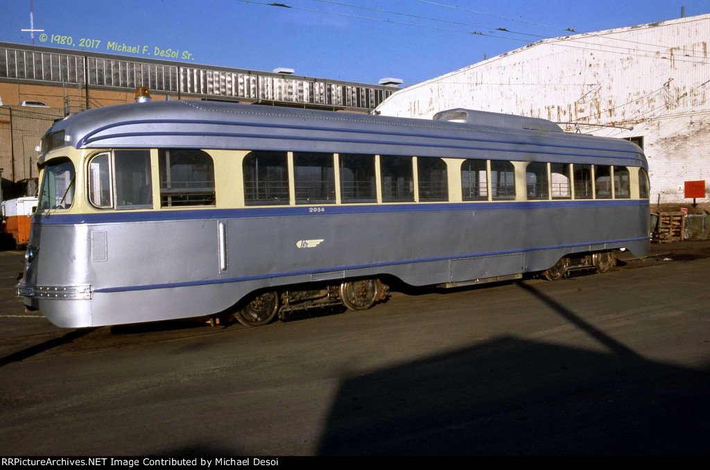 Septa repainted PCC #2054 is at the Courtland St. Shop in Philadelphia, PA. November 8, 1980